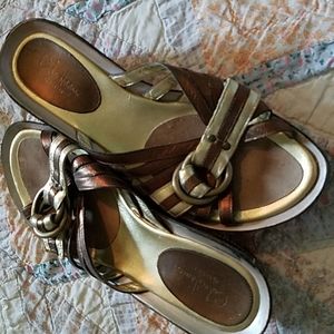 Cole Haan sandals, platform heel leather upper copper & gold tone with buckle